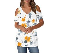 Trendy Cold Shoulder Tops for Women UK Summer Short Sleeve V Neck Hollow Out Eyelet T-Shirt Funny Striped Floral Print Blouse 2025 Casual Lightweight Loose Fit Shirts