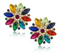 Trendy Colorful Big Round Statement Rhinestone Cluster Leaf Stud Earrings Ethnic Sparkly Vintage Art Deco Iridescent Lotus Snowflower Alloy Stud Earrings for Women Jewelry Gifts, Metal