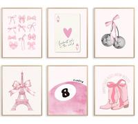 Trendy Coquette Pink Wall Decor,Preppy Pink Wall Art Prints of 6,Coquette Room Decor Aesthetic Posters for Room,Funky Heart Ace A Poker Pink Bow Pictures Wall Decor,Pink Bedroom Decor for Teen