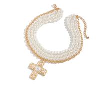 Trendy Crucifix Necklace With Elegant Faux Pearls Adjustable Length Neckchain Lightweight Women's Clavicle Chain Jewelry Elegant Workwear Necklace