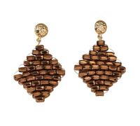 Trendy Cute Beaded Rhombic Tassel Dangle Earrings, Boho Colorful Beads Gold Stud Earrings for Women Handmade Braided Retro Bohemian Jewelry Festival Accessories Brown