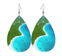 Trendy Dangle Earrings for Women, Lightweight Leather An island in the ocean Print Teardrop Jewelry Drop Earring