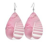 Trendy Dangle Earrings for Women, Lightweight Leather Cherry blossom white staircase Print Teardrop Jewelry Drop Earring
