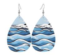 Trendy Dangle Earrings for Women, Lightweight Leather Waves lapping at the rocks Print Teardrop Jewelry Drop Earring