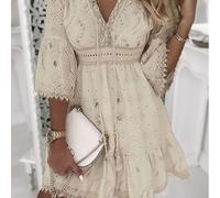 Trendy Embroidered V Neck Dress for Women, Great for Casual Summer Days (XL Cream color)