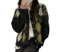 Trendy Fall Sweater for Women 2025, Grunge Argyle, Checked, Neat, Y2K, E-Girl, Cardigan, Chunky Knit, Vintage, Grandpa Sweater, A Black, XL