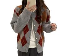 Trendy Fall Sweater for Women 2025 Grunge Argyle Plaid Preppy Y2K E-Girl Cardigan Chunky Knit Vintage Grandpa Sweater, A Gray, L