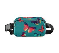 Trendy Fanny Waist Pack for Women Men Teens Waterproof Crossbody Passport Bag with Adjustable Strap for Travel Running Hiking Colorful Butterfly Pattern on Green Background
