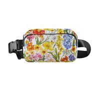 Trendy Fanny Waist Pack Women Men Spring Cute Colorful Florals White Waterproof Chest Belt Bum Bag with Adjustable Strap for Travel Gym Work, spring cute colorful Florals white55, 8" x 5.3" x 2.3",