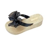 Trendy Flip Flops for Women Uk Summer Fashion Bow Knot Thick Bottom Flip Flops Women's Middle Heel Anti Slip Sandal Beach Shoes for Indoor & Outdoor Holiday Summer Vocation (Black, 4.5)
