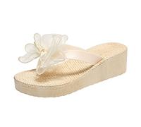 Trendy Flip Flops for Women Uk Summer Fashion Bow Knot Thick Bottom Flip Flops Women's Middle Heel Anti Slip Sandal Beach Shoes for Indoor & Outdoor Holiday Summer Vocation (Beige, 6.5)