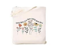 Trendy Flower Letter Printed Canvas Bag with Handles Zippered Storage Pouches Cosmetic Handbag for Women 7.87x5.9Inch Minimalist