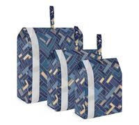 Trendy Geometric Herringbone Gold Blue 3 Set Travel Packing Cubes For Suitcases Waterproof Storage Bags For Closets Compression Bags Luggage Bags Organizers