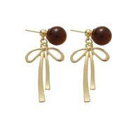 Trendy Gold Bow Stud Earrings for Women,Cute Brown Bead Bow Dangle Earrings, Minimalist Sweet Jewelry for Work Date Casual