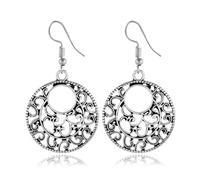 Trendy Jewelry Bohemian Vintage Ethnic Tibetan Silver Long Big Hollow Round Drop Earring Carved Flowers Dangle Earrings Women