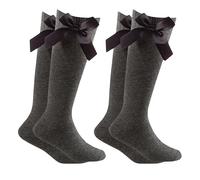 Trendy Lane Girls Knee High School Socks - 2 Pairs Cotton Socks with Silky Ribbon Bows, Uniform & Party Wear, Long Sock for School with Bow (2P, Grey, 4-6)