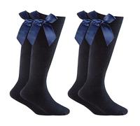 Trendy Lane Girls Knee High School Socks - 2 Pairs Cotton Socks with Silky Ribbon Bows, Uniform & Party Wear, Long Sock for School with Bow (2P, Navy, 12-3)