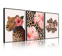 Trendy Leopard Wall Art Pink Cheetah Print Room Decor Leopard Flower Canvas Wall Decor Cheetah Aesthetic Poster Girly Pink Preppy Picture Funky Y2k Artwork for Girl Bedroom 12x16x3 Inch Unframed