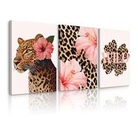 Trendy Leopard Wall Art Pink Cheetah Print Room Decor Leopard Flower Canvas Wall Decor Cheetah Aesthetic Poster Girly Pink Preppy Picture Funky Y2k Artwork for Girl Bedroom 12x16x3 Inch Wrapped Canvas