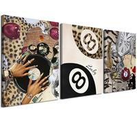 Trendy Leopard Wall Art Set of 3, Cheetah Wall Decor Aesthetic, Black Girl 8 Ball Poster Canvas Print Pictures Funky Lucky Artwork for Bedroom Living Room Framed 16x24 inch