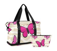 Trendy Magenta Butterfly Khaki Wave Travel Bag Weekender Bag with Toiletry Bag for Yoga 2 Pcs Set, Trendy Magenta Butterfly Khaki Wave, 1 Size, Trendy Magenta Butterfly Khaki Wave, 1, Trendy Magenta