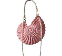 Trendy Marine Styles Beach Bag Woven Faux Pearls Chain Conch Detail Candy Colored Polyester Lightweight Shoulder Organized Compartment Daily