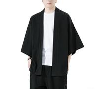 Trendy Men's Casual Solid Color linen kimono coat Crafted to Keep You Cool During the Warm Season Featuring Practical Three Quarter Sleeves (L Black)