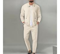 Trendy Men's Waffle Jacket with Pants 2PCS Set for Spring Autumn Style (M Khaki)