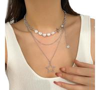 Trendy Multilayer Star Pendant Necklace Adjustable Clavicle Chain Imitation Pearls Jewelry For Party Daily Outfits Versatile Length Adjustable Neckwear