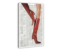 Trendy Newspaper Red Boots Wall Art, Fashion Icon Canvas Wall Art, Magazine Home Decor, Beige Logs Retro Set of 1 for Bedroom Living Room Frame-style 12x18inch(30x45cm)