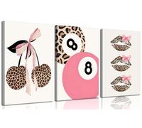 Trendy Pink Leopard Bow Canvas Wall Art Set of 3 Funky Cherry Lucky 8 Ball Posters Prints Cute Coquette Preppy Room Aesthetic Wall Decor Pictures for Girls Bedroom Apartment Dorm 12x16in