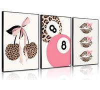 Trendy Pink Leopard Bow Wall Art Set of 3 Funky Cherry Lucky 8 Ball Posters Prints Cute Coquette Preppy Room Aesthetic Wall Decor Pictures for Girls Bedroom Apartment Dorm Unframed 12x16in