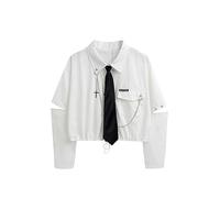 Trendy Punk Style Shirts Gothic Harajuku Dark Ties and Chains Long Sleeves Slits Gothic Designs Streetwear Shirts Girls Cropped Tops-White-One Size