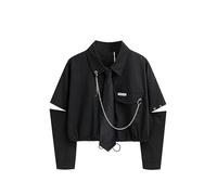 Trendy Punk Style Shirts Gothic Harajuku Dark Ties and Chains Long Sleeves Slits Gothic Designs Streetwear Shirts Girls Cropped Tops-Black-One Size