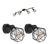 Quad Ceiling Light & 2x Matching Wall Lights Black Cage Amber Glass Trendy Lamp