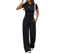 Trendy Queen 2 Piece Matching Summer Lounge Set Womens Side Ruching Top Wide Leg Pants Sets with Pockets, Black, XS