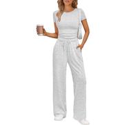 Trendy Queen 2 Piece Matching Summer Sweatsuit Lounge Set Womens Wide Leg Pants Side Ruching Crop Top Sets, Oatmeal Grey, S