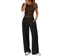 Trendy Queen 2 Piece Matching Summer Sweatsuit Lounge Set Womens Wide Leg Pants Side Ruching Crop Top Sets, Coffee Black, Large