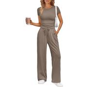 Trendy Queen 2 Piece Matching Summer Sweatsuit Lounge Set Womens Wide Leg Pants Side Ruching Crop Top Sets, Mocha, S