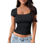 Trendy Queen Double Lined Short Sleeve Tshirts for Women Square Neck Cute Crop Top Spring Summer Basic Tees Workout Going Out, Black, M