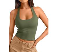 Trendy Queen Halter Tops for Women 2026 Summer Going Out Tops Backless Crop Sleeveless Workout Shirts Cute Y2k Clothes, Army Green, S