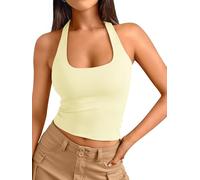 Trendy Queen Halter Tops for Women 2026 Summer Going Out Tops Backless Crop Sleeveless Workout Shirts Cute Y2k Clothes, Butter Yellow, M