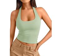 Trendy Queen Halter Tops for Women 2026 Summer Going Out Tops Backless Crop Sleeveless Workout Shirts Cute Y2k Clothes, Light Green, S