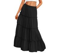 Trendy Queen Long Skirts for Women Boho Maxi Skirt Summer Swing Tiered A-Line Elastic High Waist Dress with Pockets Fashion, Black, XS