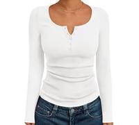Trendy Queen Long Sleeve Shirts for Women Henley Ribbed Fall Tops Dressy Business Casual Teen Girl Winter Cute Basic Tees, White, S