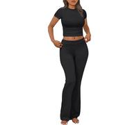 Trendy Queen Lounge Sets For Women 2 Piece Casual Y2K Outfits Short Sleeve Cropped Tops Fold-Over Flare Pants Suits Two Piece, Black, M