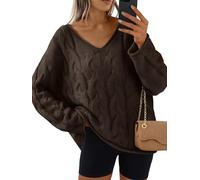 Trendy Queen Oversized Long Sleeve V Neck Cable Knit Sweaters, Chocolate Brown, M