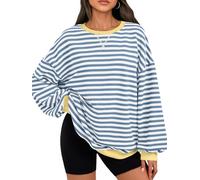Trendy Queen Oversized Sweatshirt for Women 2024 Fall Striped Long Sleeve Shirts Hoodies Casual Pullover Y2K Top Outfits, Bluewhite, Medium