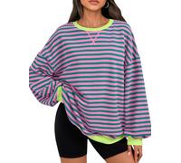 Trendy Queen Oversized Sweatshirt for Women 2024 Fall Striped Long Sleeve Shirts Hoodies Casual Pullover Y2K Top Outfits, Pinkgreen, Medium