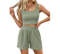 Trendy Queen Two Piece Summer Outfits Women Shorts Sets 2 Piece Sleeveless Matching Lounge Crop Top and High Waisted Shorts, Green, S